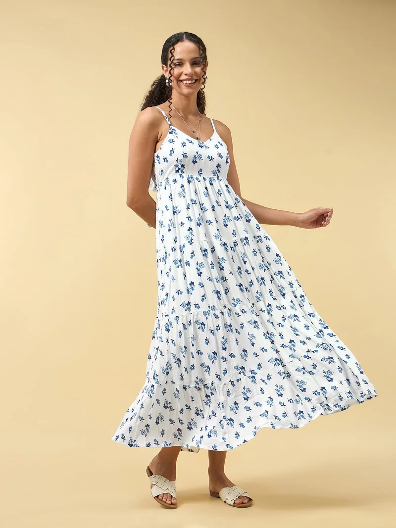 Outzidr  Blue A-Line Tiered Dress With Tie Up Detail At The Back for Women | Best Price UAE